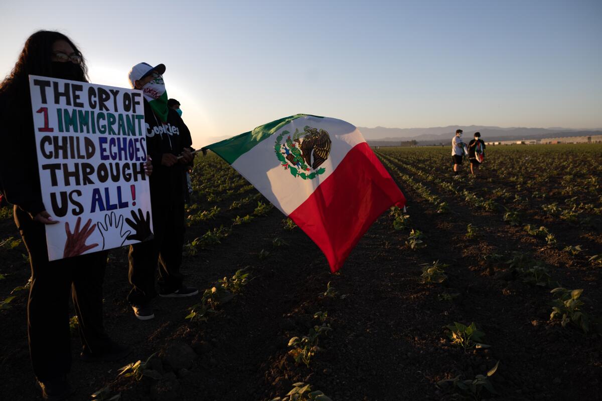 Protesters walk onto the fields adjacent to the Glass House where immigration raids took place