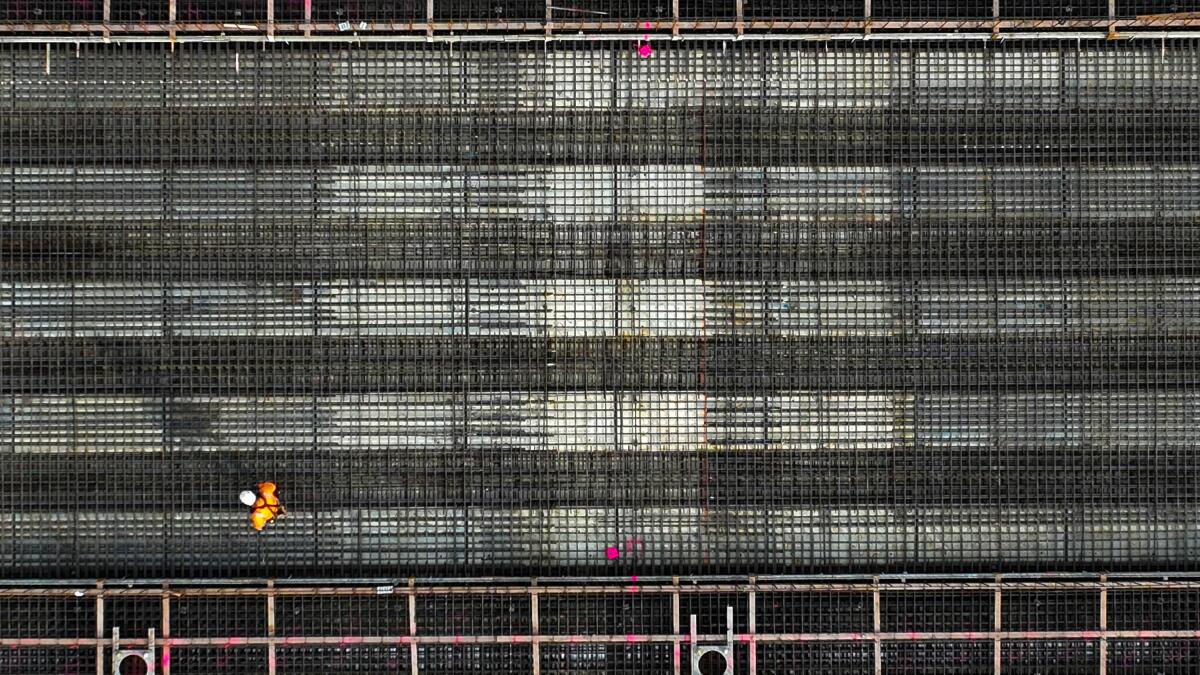 Aerial view of a worker on the California High Speed Rail, Hanford Viaduct