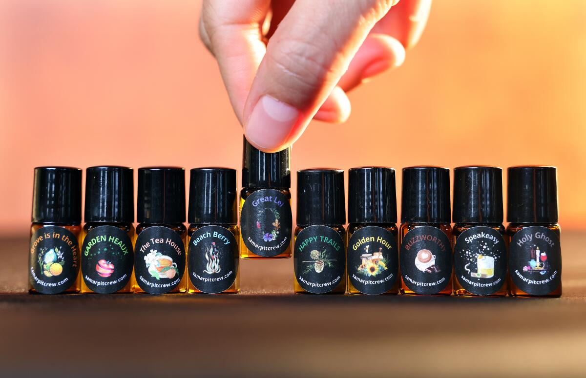 Bottles of Samar's unisex perfumes.