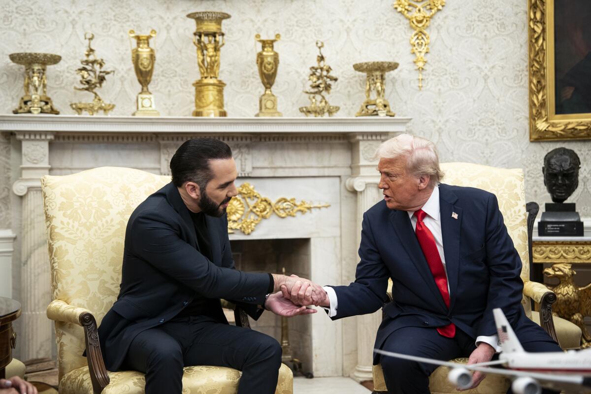 President Trump shakes hands with Nayib Bukele, the president of El Salvador. 