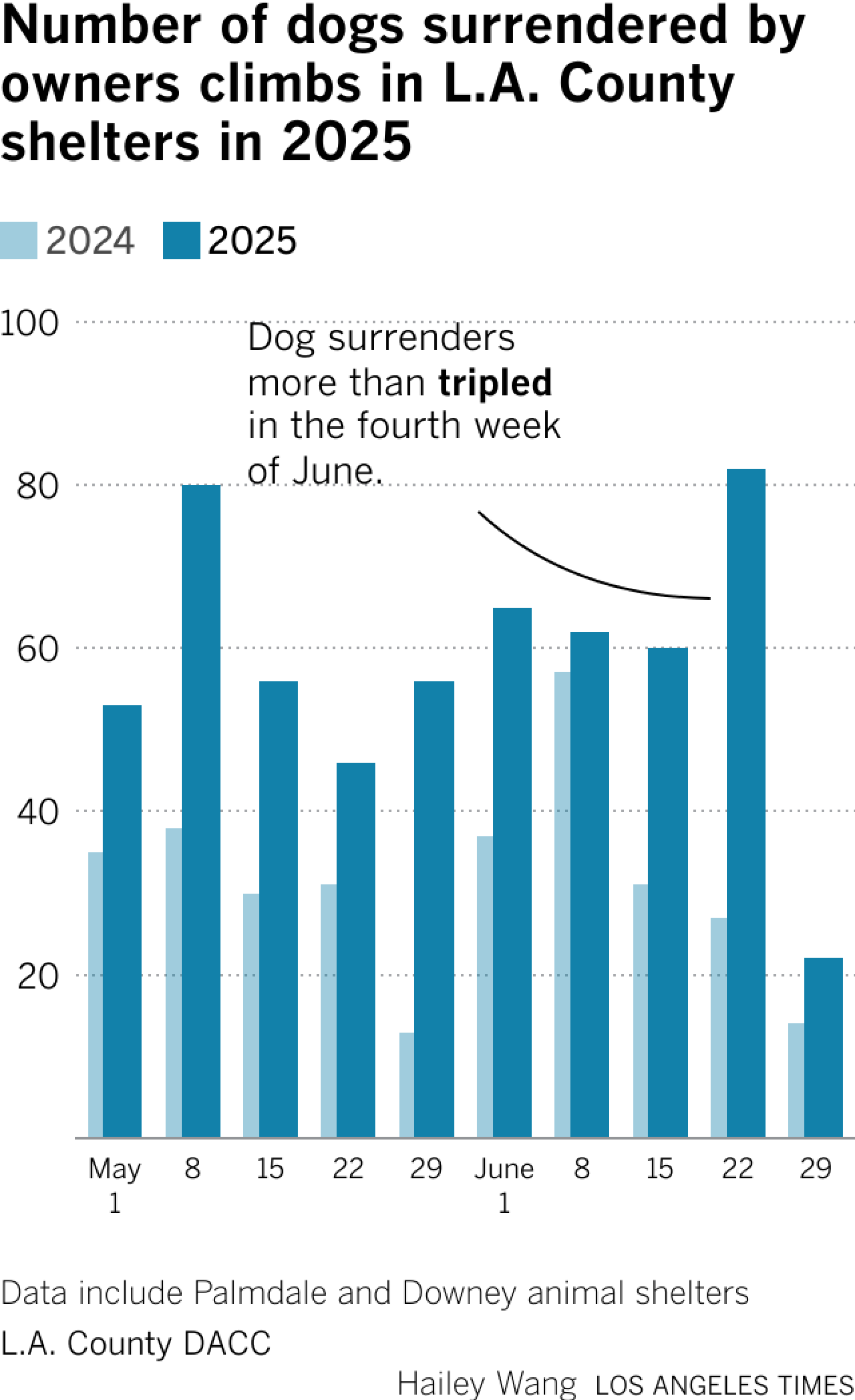 A chart showing weekly dog surrenders at Palmdale and Downey animal shelters in Los Angeles, comparing 2024 and 2025. The 2025 bars are consistently taller, especially in late June. In the fourth week of June, 2025 dog surrenders were more than triple those in the same week of 2024.