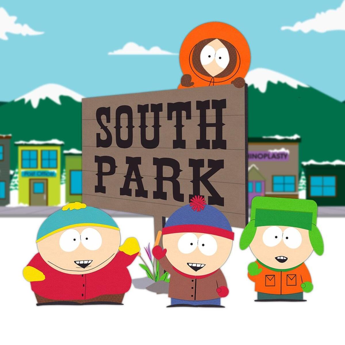 "South Park" characters Eric Cartman, left, Stan Marsh, Kyle Broflovski.