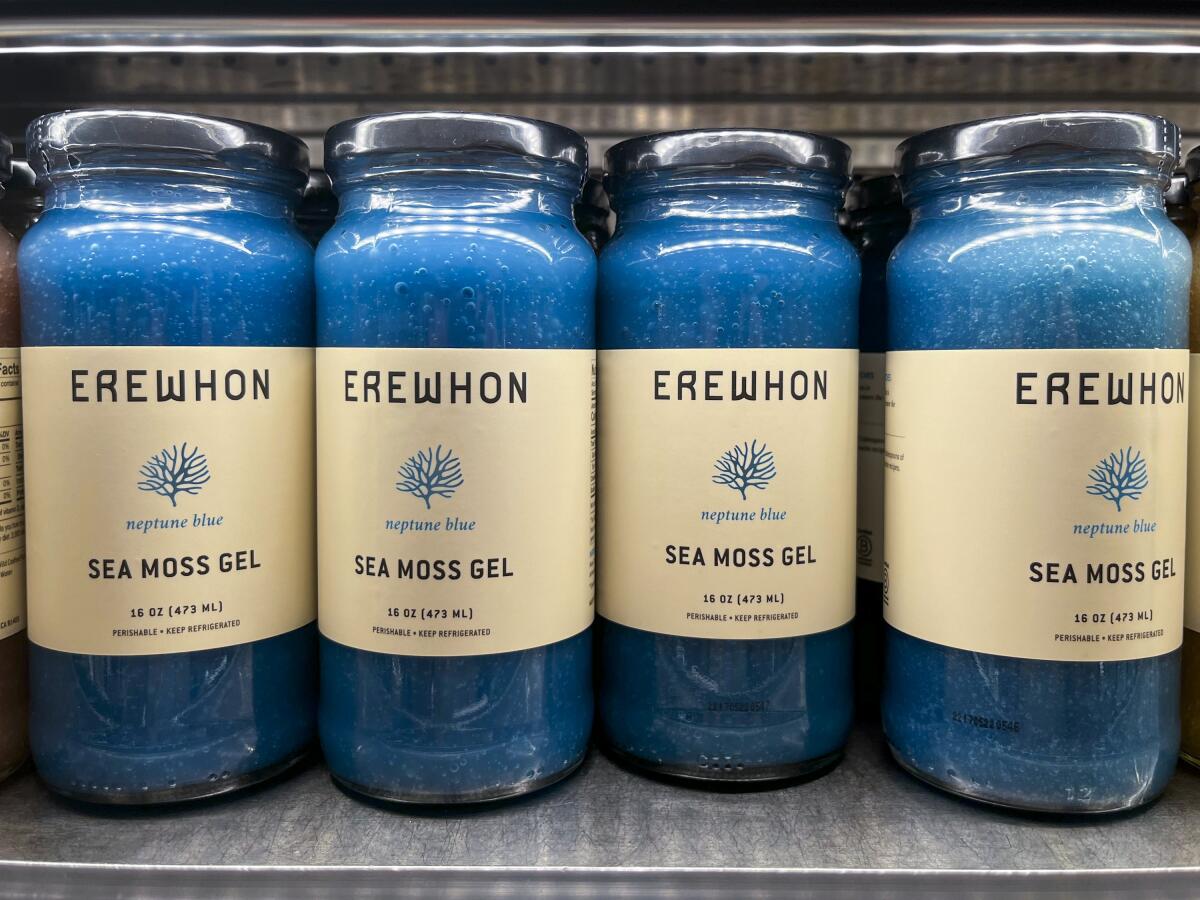 Bottles of blue Sea Moss Gel sold at Erewhon.