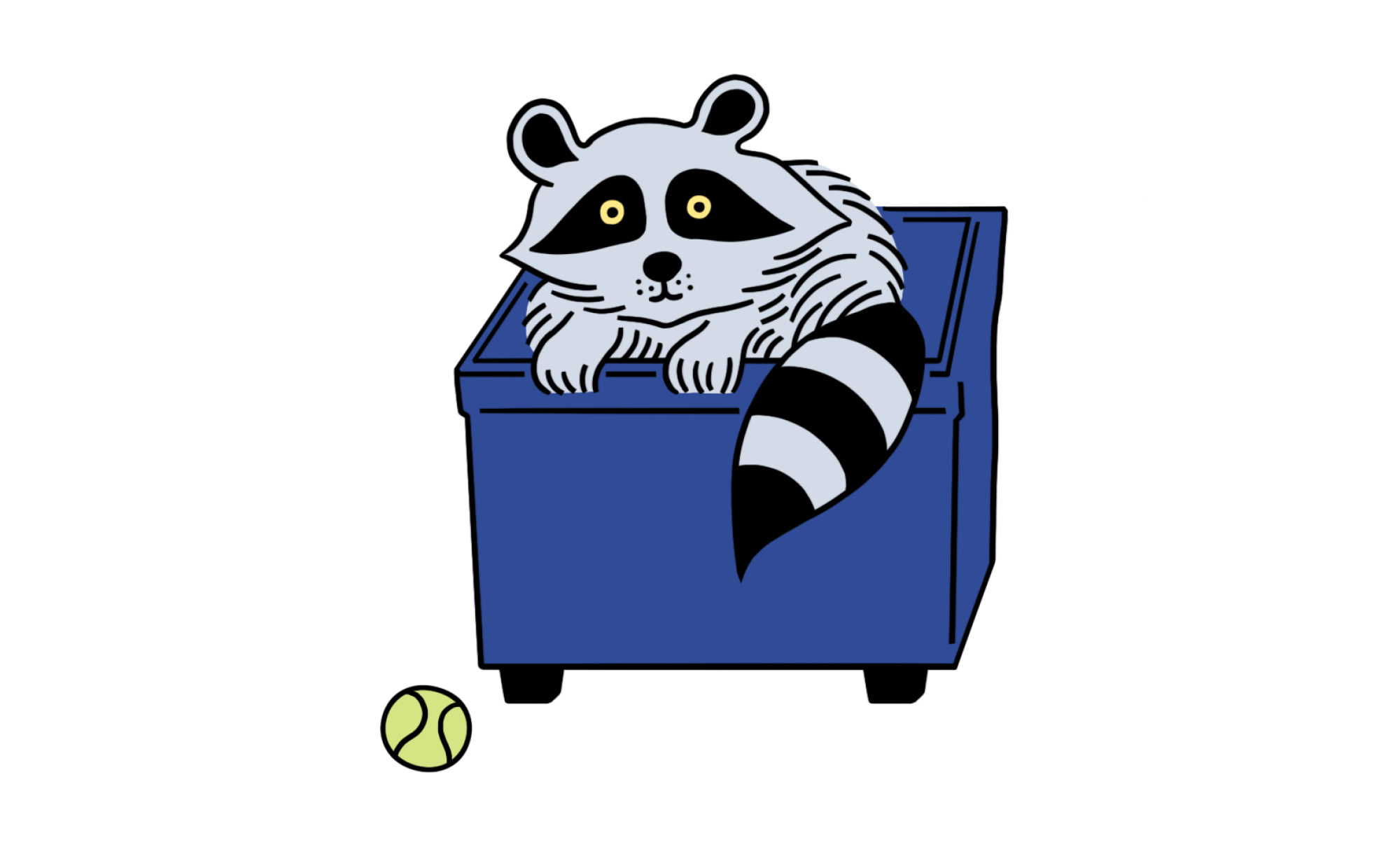illustration of a raccoon in a dumpster next to a tennis ball