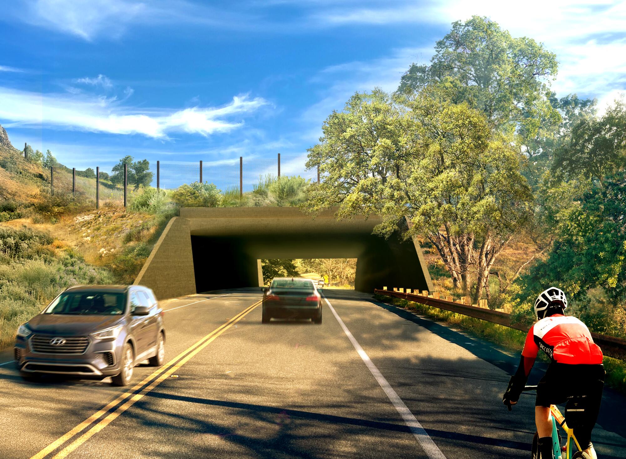 Artist rendering of Agoura Road looking east after tunnel is built on the south side of Wallis Annenberg Wildlife Crossing.