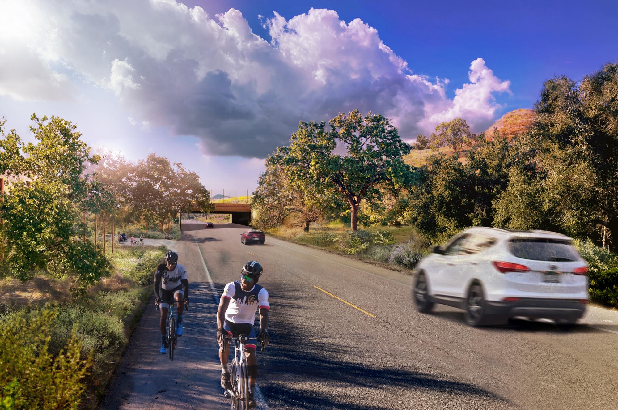 Artist rendering of west-facing view on Agoura Road after Wallis Annenberg Wildlife Crossing tunnel is completed.