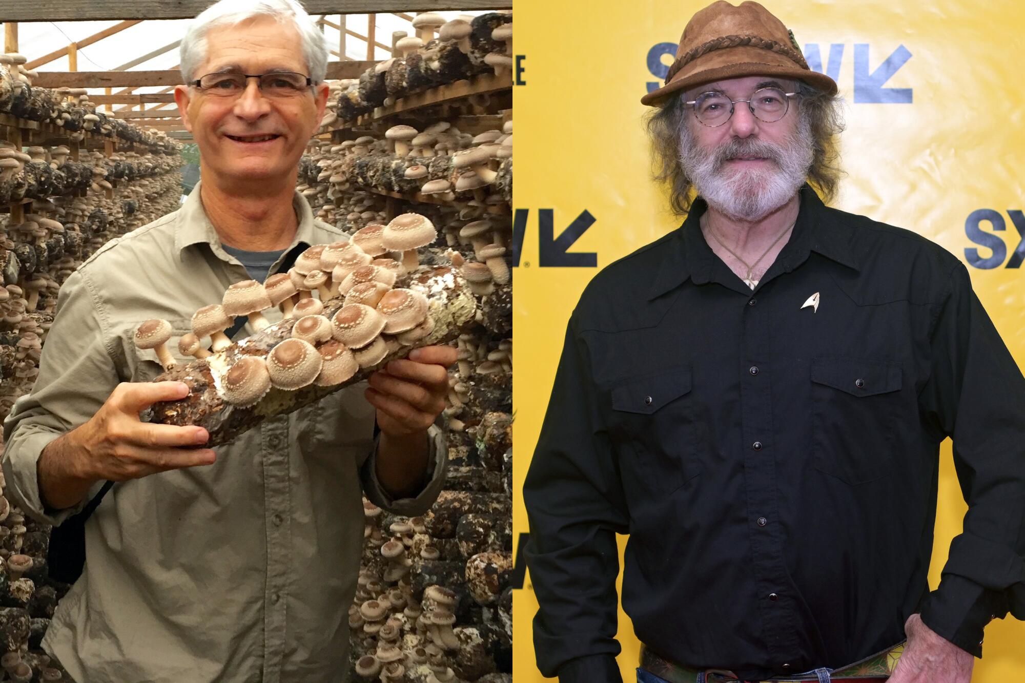 A man holding a log of mushrooms and a man standing in front of a SXSW step-and-repeat panel.