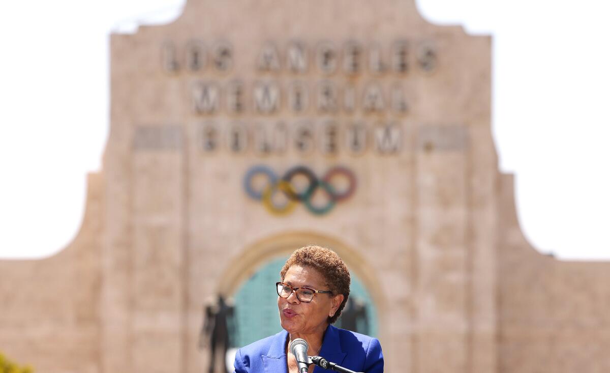 Mayor Karen Bass speaks at an event with local leaders