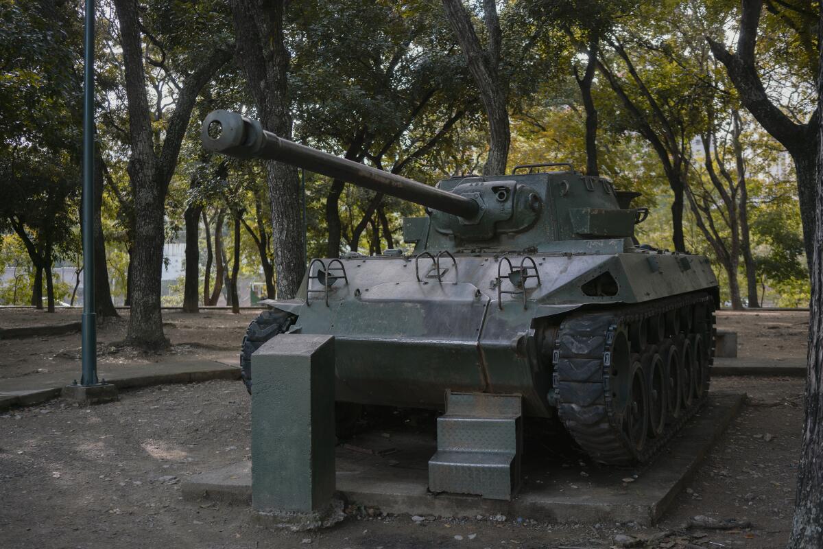 An old military tank at Los Próceres near the Fuerte Tiuna military base in Caracas.