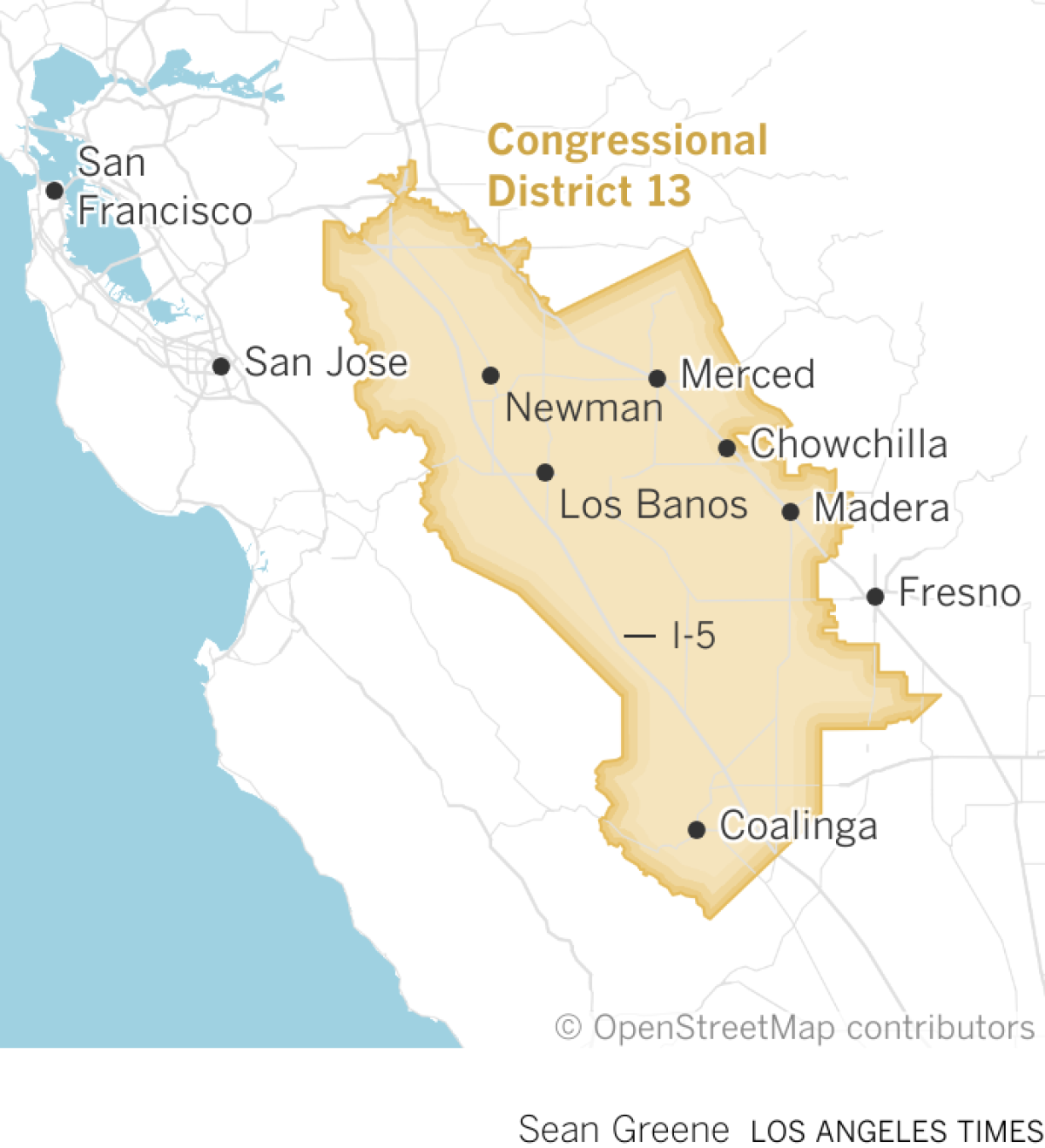 Map shows Congressional District 13 in central California. The district includes the cities of Merced, Newman, Chowchilla, Los Banos, Madera and Coalinga.