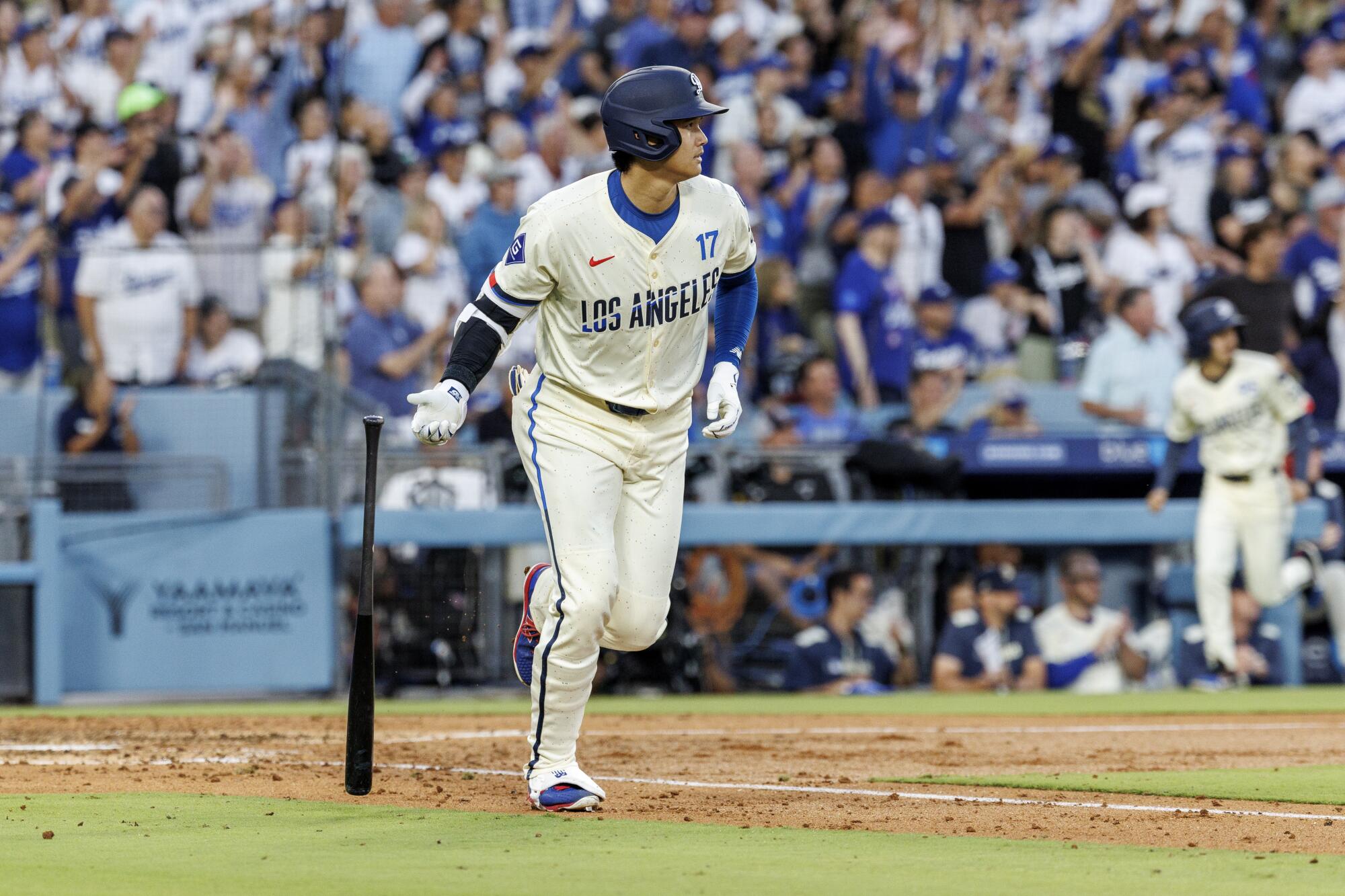 Dodgers star Shohei Ohtani hits his 40th home run of the season Saturday against the Blue Jays.