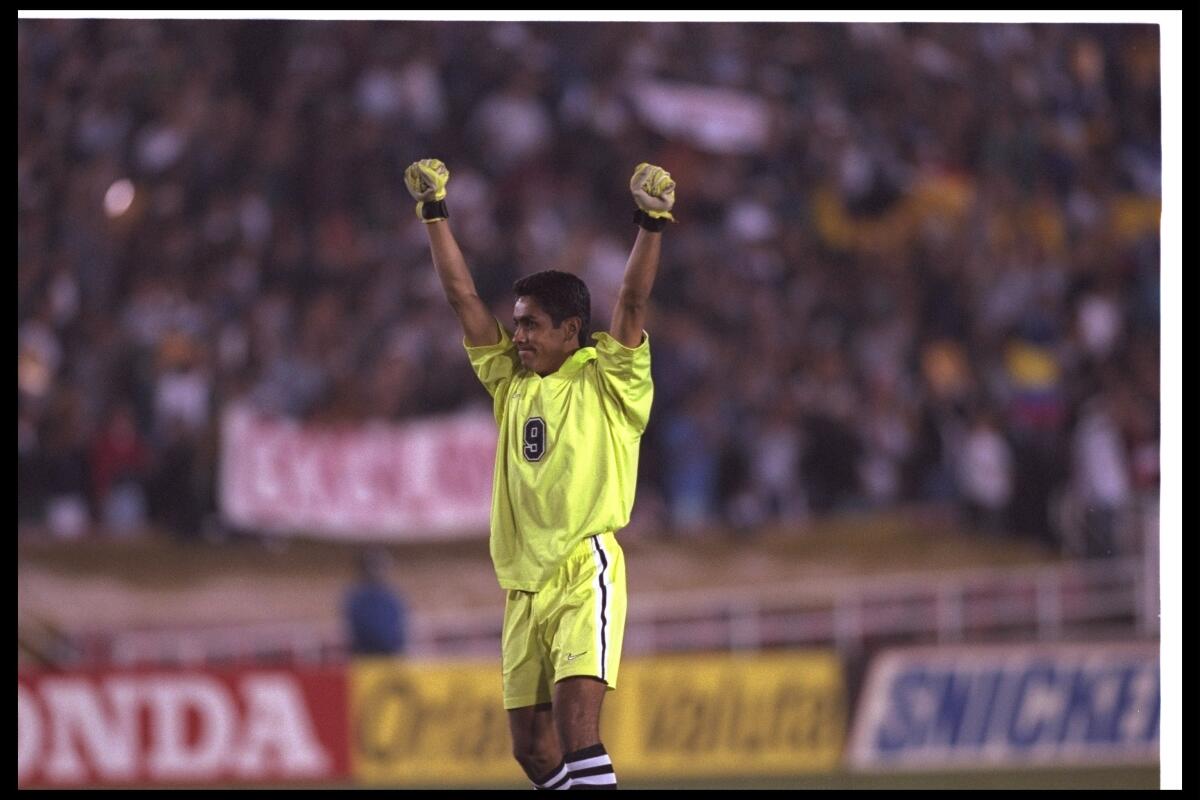 Galaxy goalkeeper Jorge Campos celebrates during a 1996 game against the San Jose Clash at the Rose Bowl in Pasadena.