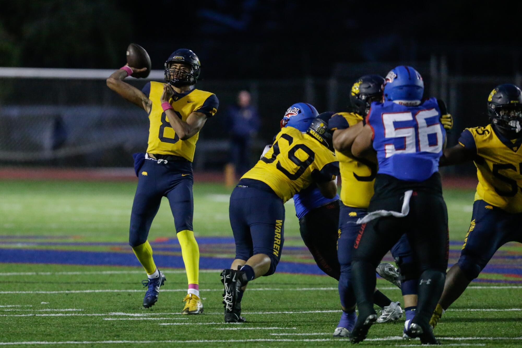 Warren quarterback Nico Iamaleava passes against Gardena Serra on Sept. 9, 2022, in Gardena.
