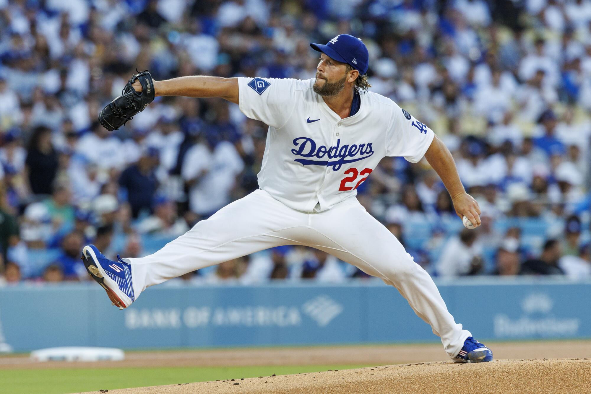Dodgers pitcher Clayton Kershaw delivers in the first inning Friday against the Blue Jays at Dodger Stadium.