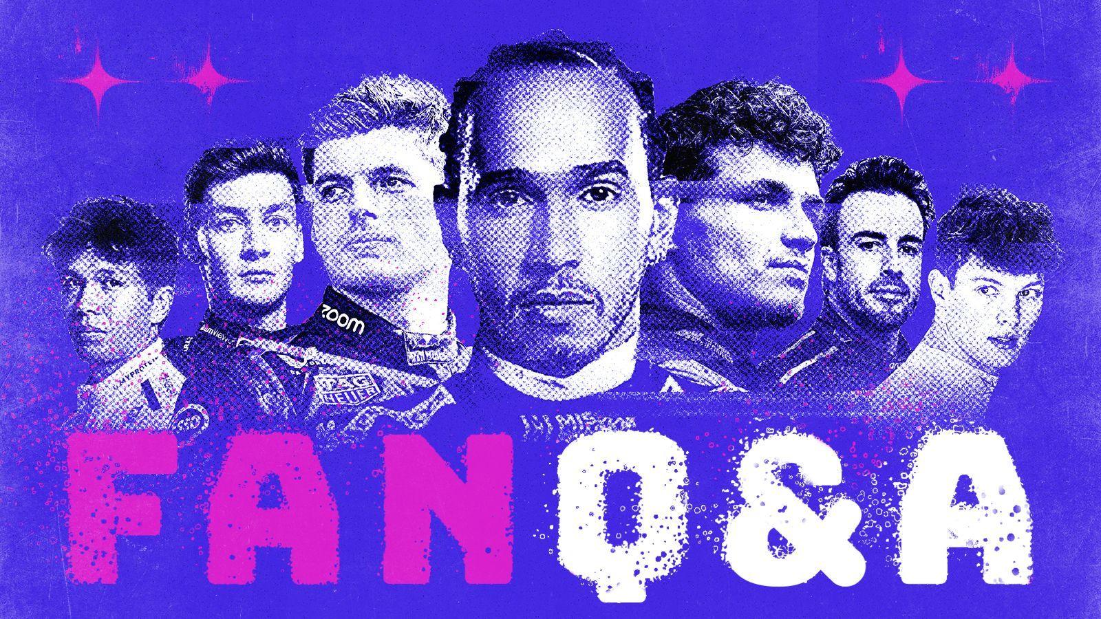 A graphic of, from left to right, Alex Albon, George Russell, Max Verstappen, Lewis Hamilton, Lando Norris, Fernando Alonso and Oliver Bearman. It is on a blue background with 'Fan Q&A' below the drivers 