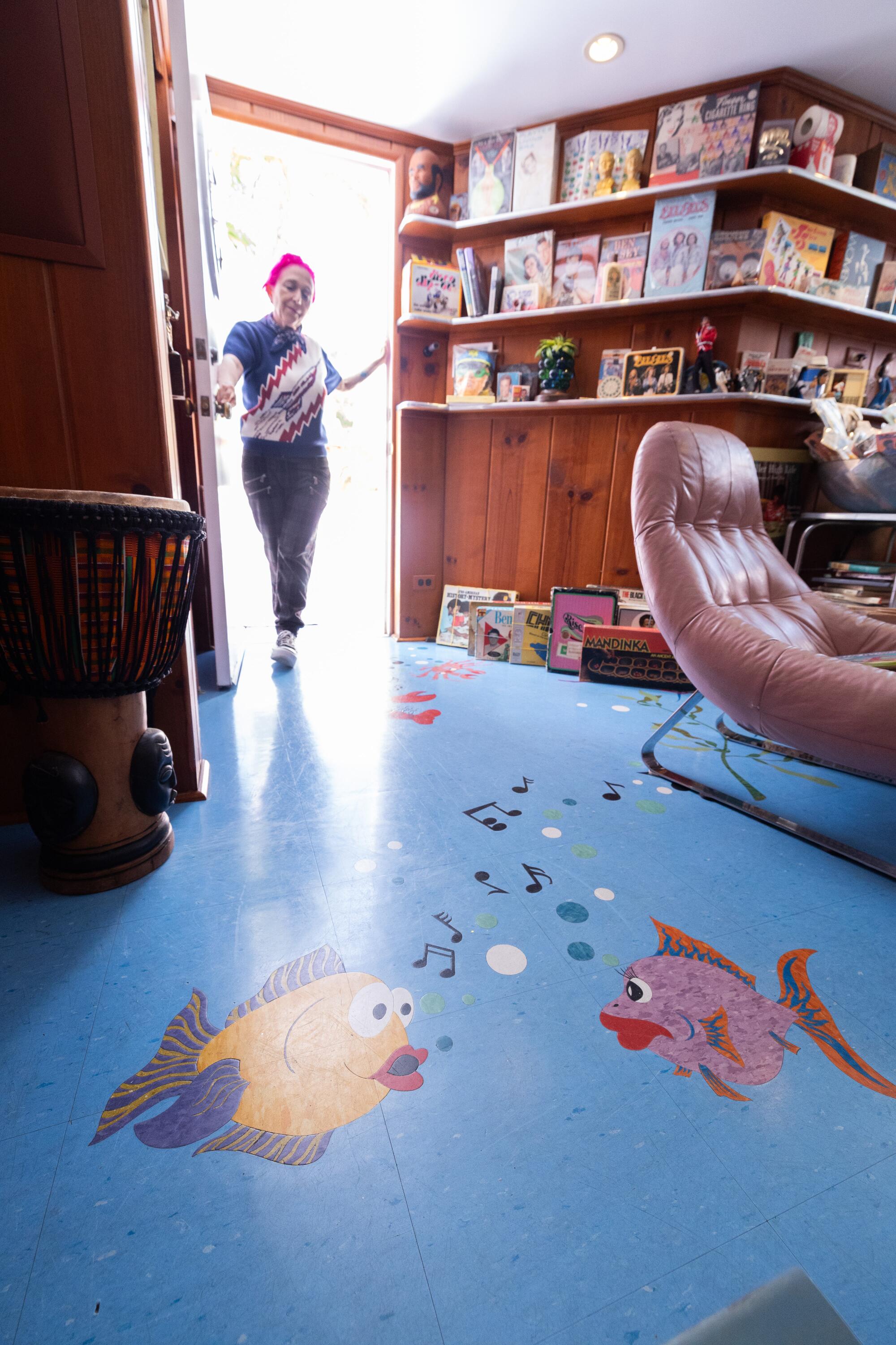 The tiled floor and decorative inlays in the recreation room at Allee Willis' house.