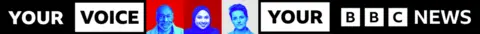 Your Voice, Your BBC News text is in black and white, there are head and shoulder shots of a diverse range of people coloured blue against red backgrounds.