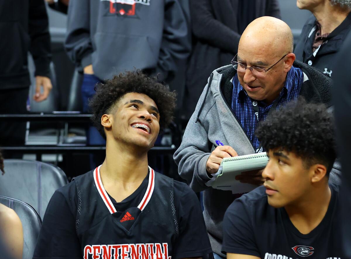 Eric Sondheimer interviews Corona Centennial's Eric Freeny in Sacramento in 2022.