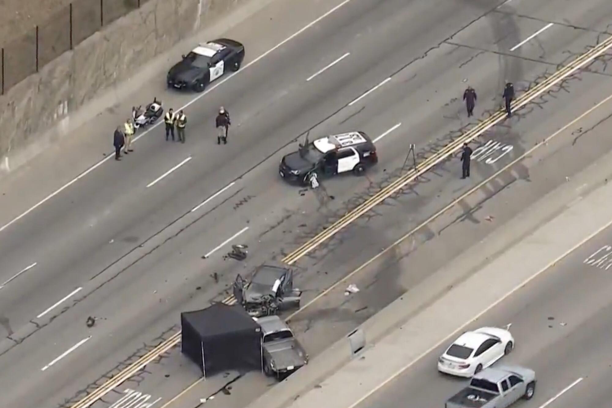 The aftermath of a traffic collision involving three vehicles in the southbound lanes of the 405 Freeway