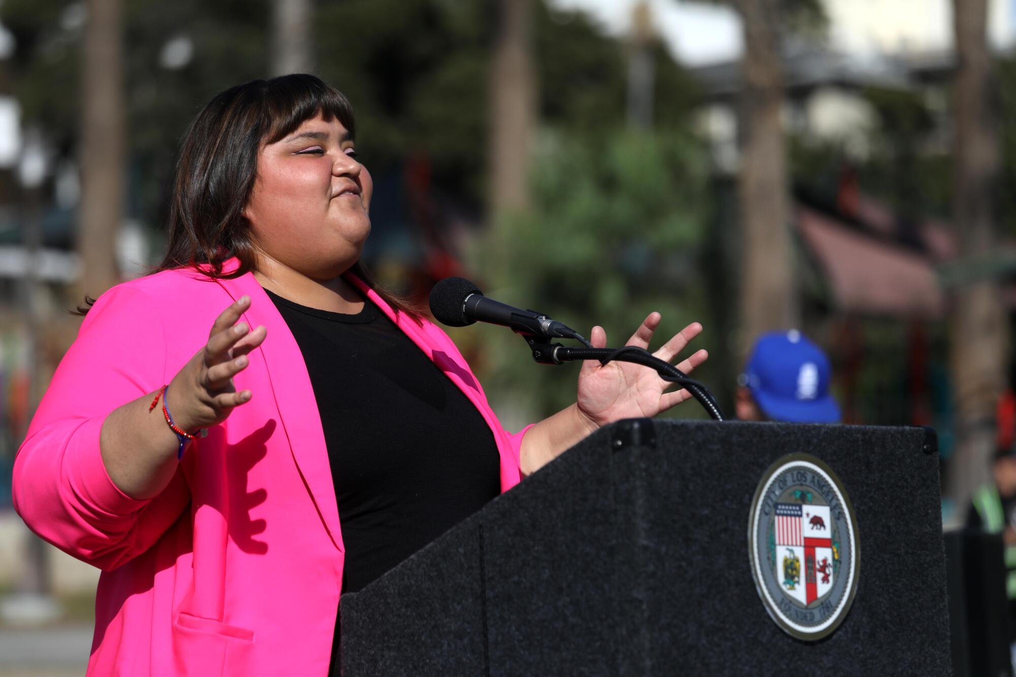 Los Angeles Councilmember Eunisses Hernandez speaks during a news conference in December.