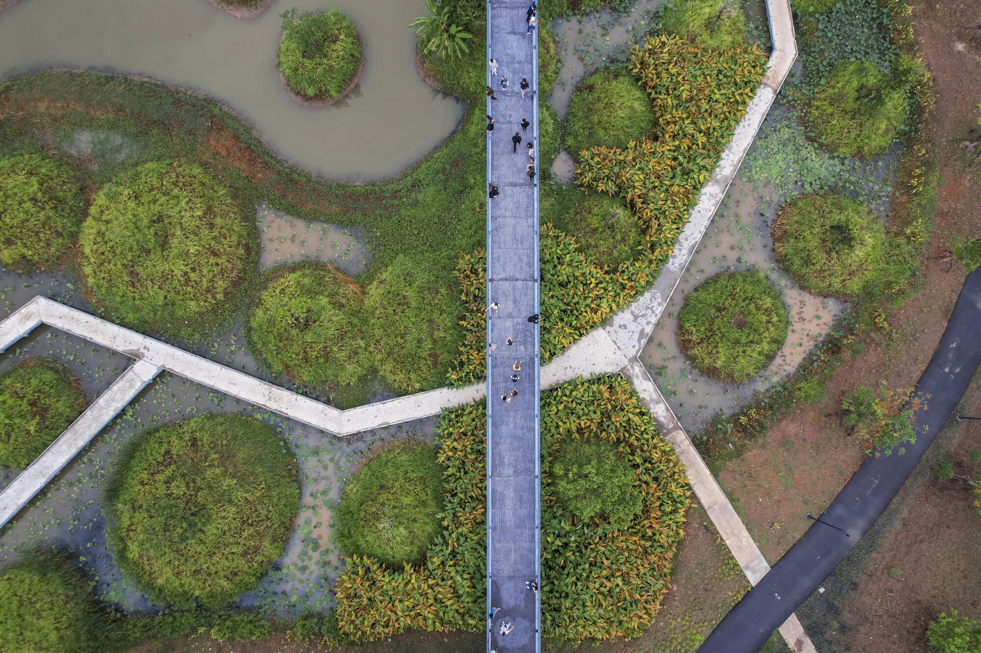 An aerial view shows pathways through the Benjakitti Park in Bangkok.