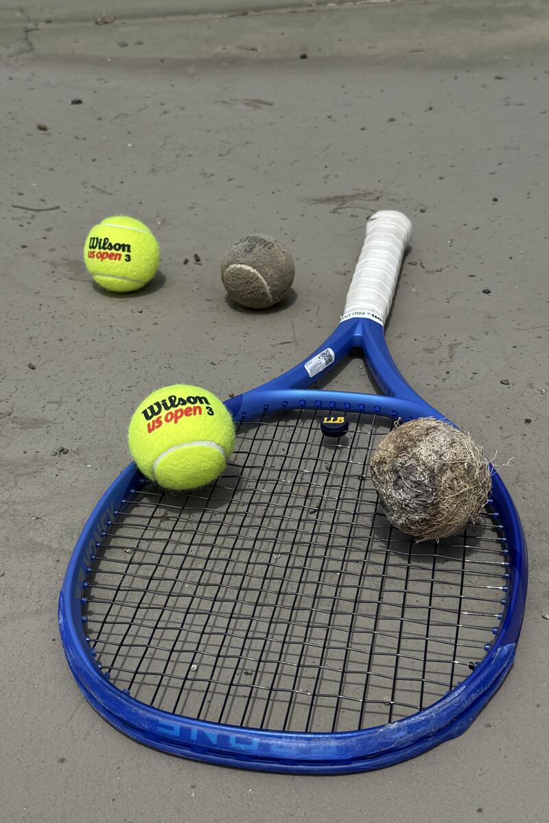 Tennis balls scorched by the Palisades fire were still on the courts at the Palisades Tennis Center.