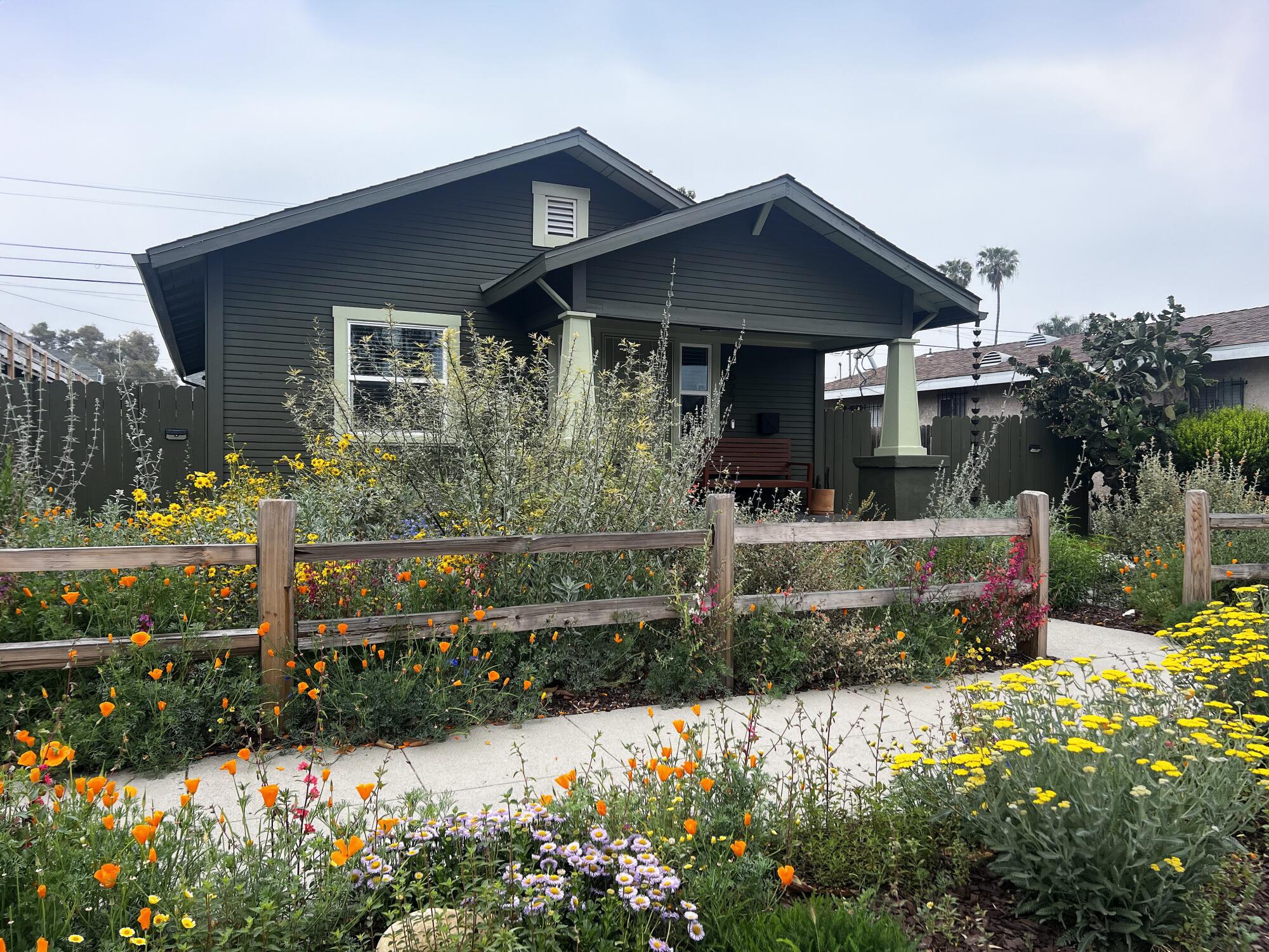 A green Craftsman surrounded by colorful native flowers.