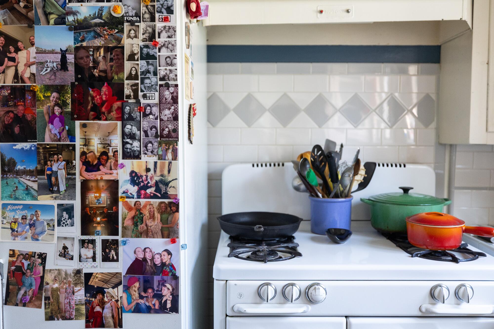 Pictures of family and friends decorate the refrigerator.