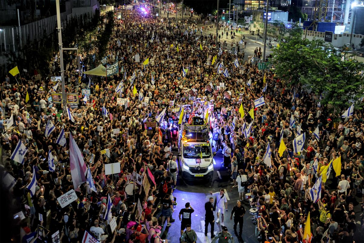Protesters gather in a demonstration organized by the families of the Israeli hostages taken captive in the Gaza Strip