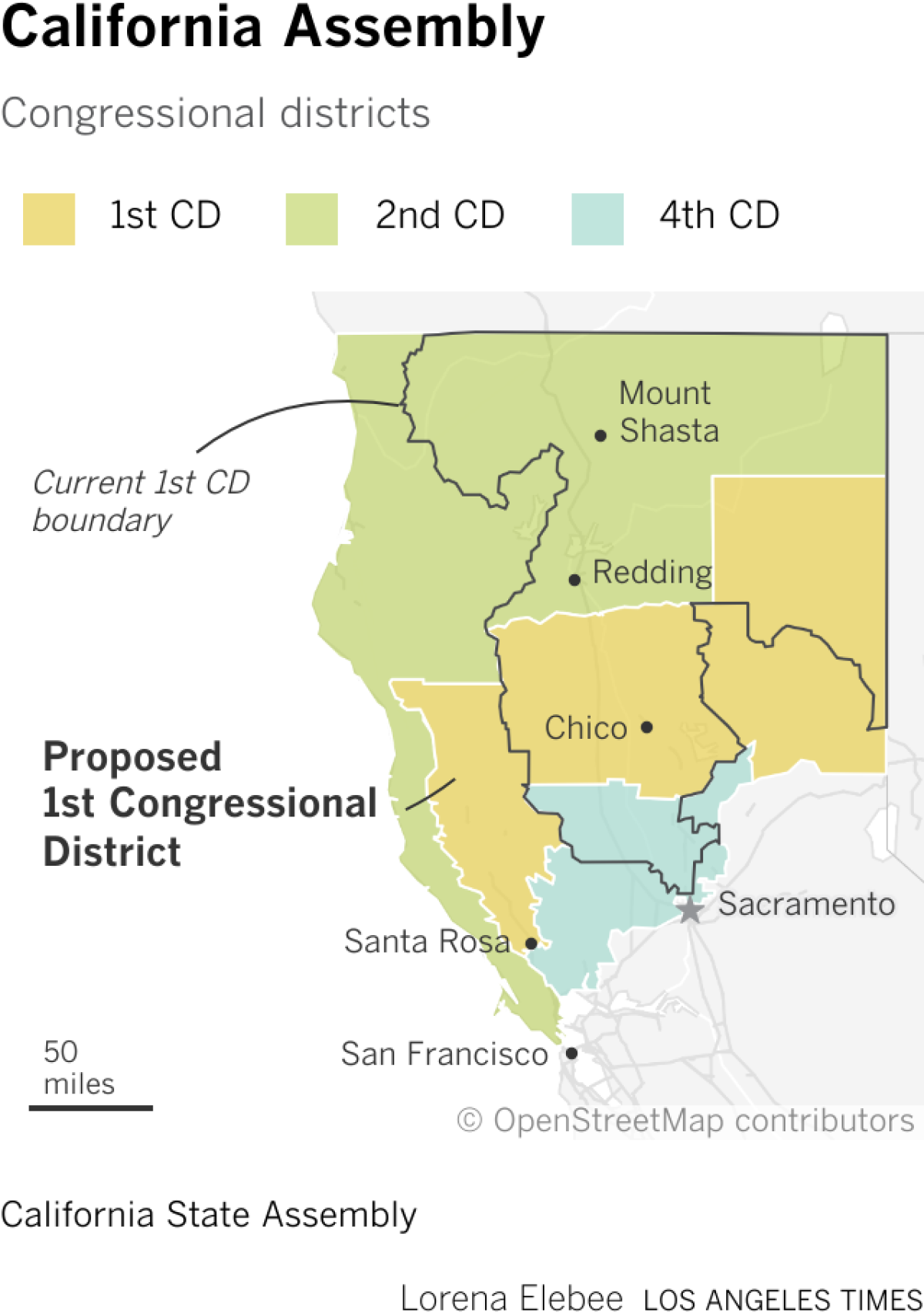 Map shows three new proposed congressional districts that overlap the current 1st district in northern California.