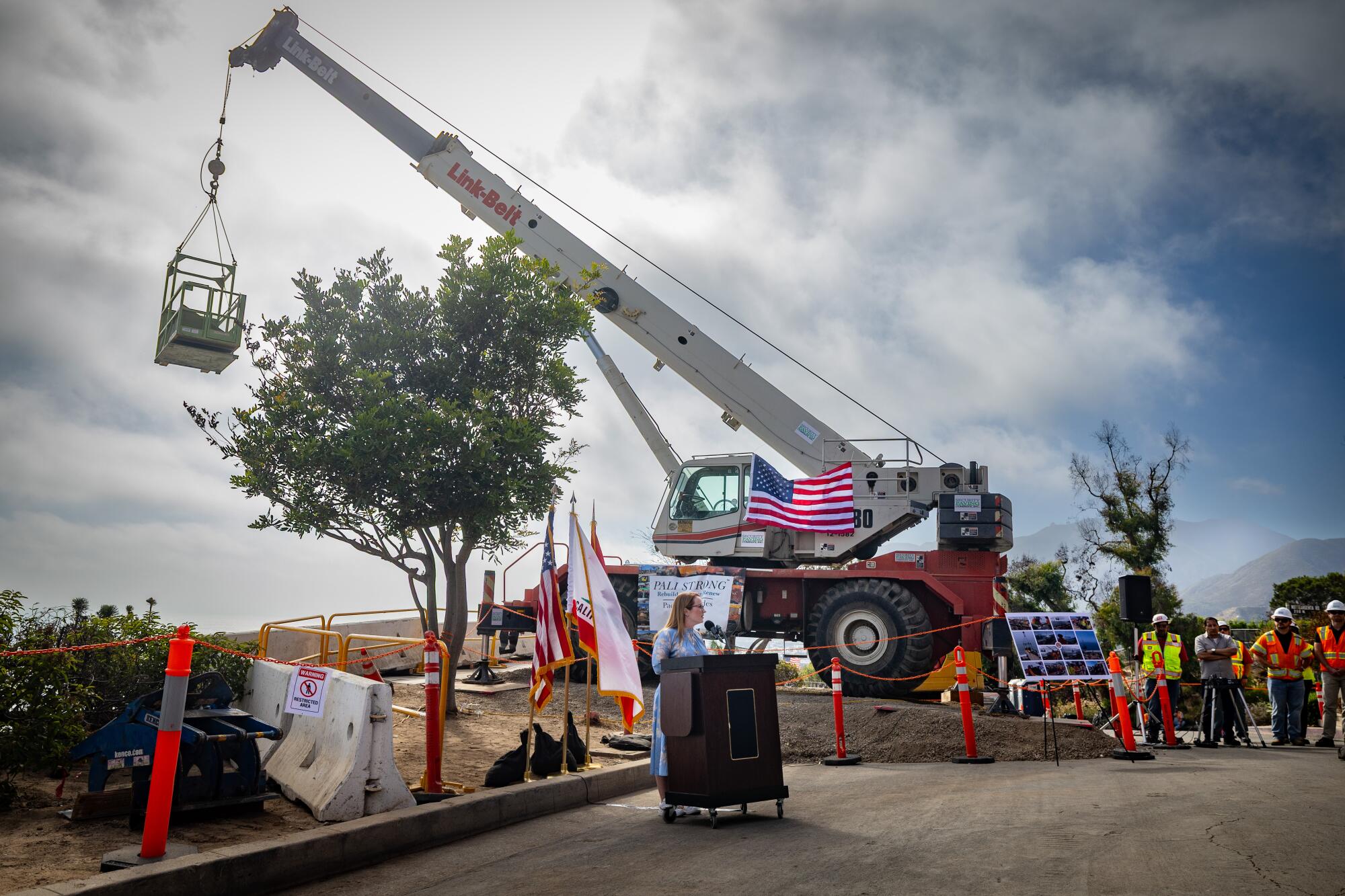 A person stands at a lectern with a construction crane behind them.