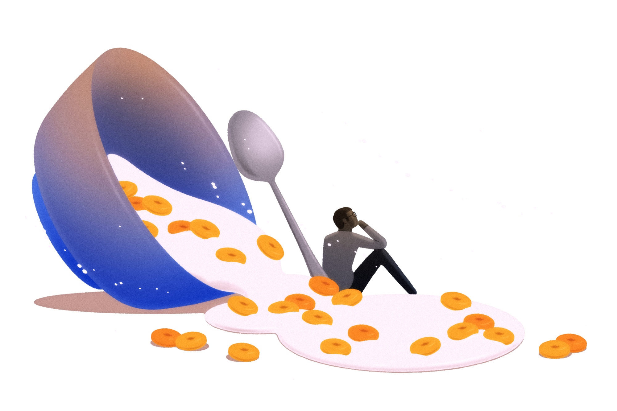 A man sits contemplatively in a tipped over bowl of cereal and milk