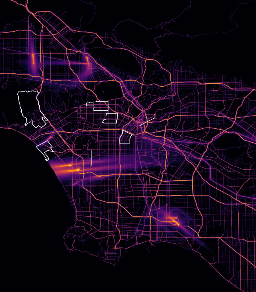 Map of the Los Angeles region with roads lit up in bright colors as major sources of noise. Airport ssuch as LAX are visible as long streaks of color over the city.