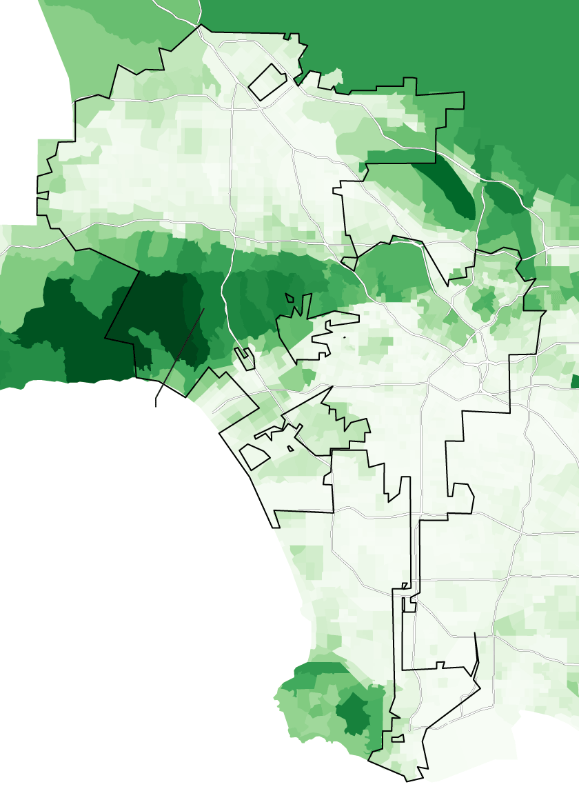 Map of the Los Angeles shows the density of tree canopy by census tract. South-Central and San Fernando Valley areas of the city have fewer trees.