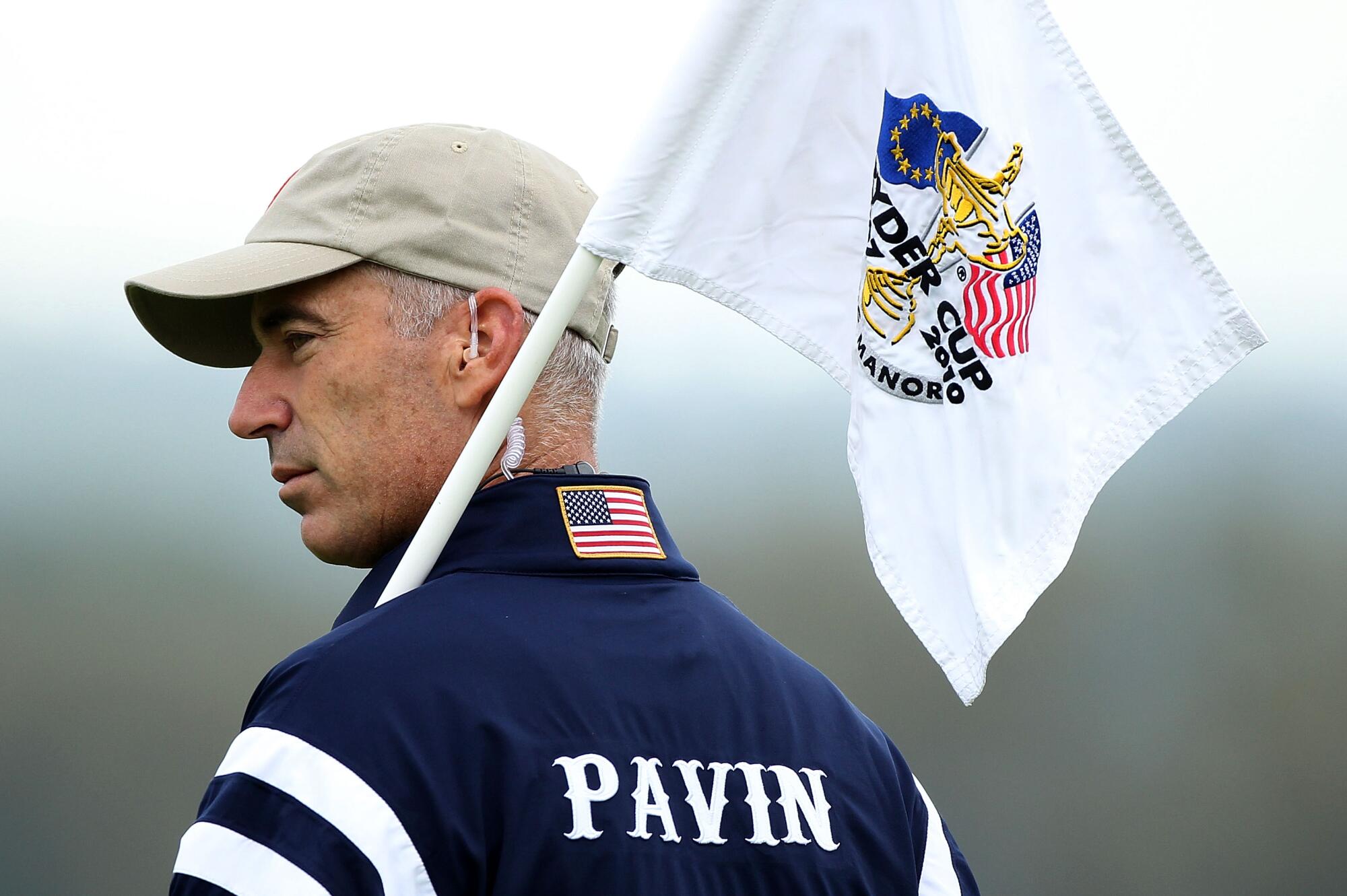 U.S. Ryder Cup captain Corey Pavin holds a flag stick during a practice round prior in 2010 at the Celtic Manor Resort.