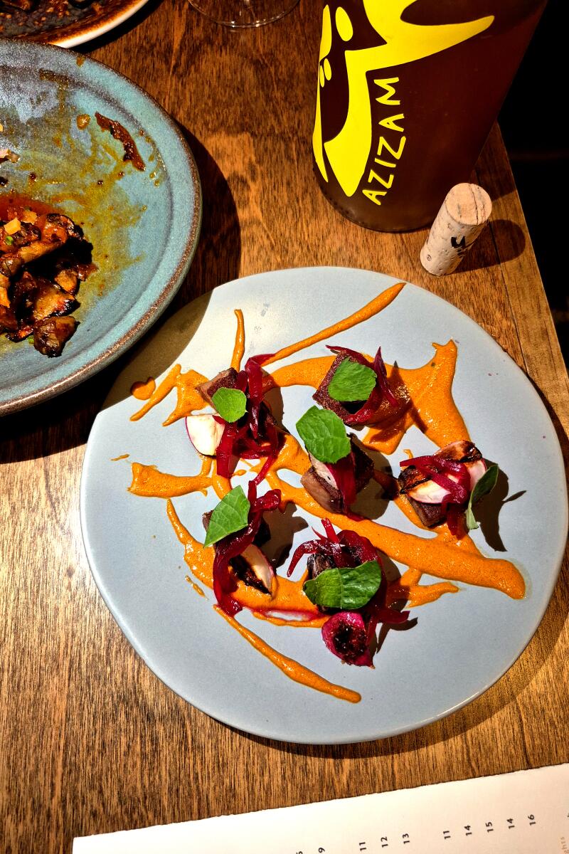 2. The peanut butter lengua and a skin-contact wine from Azizam in Baja California.