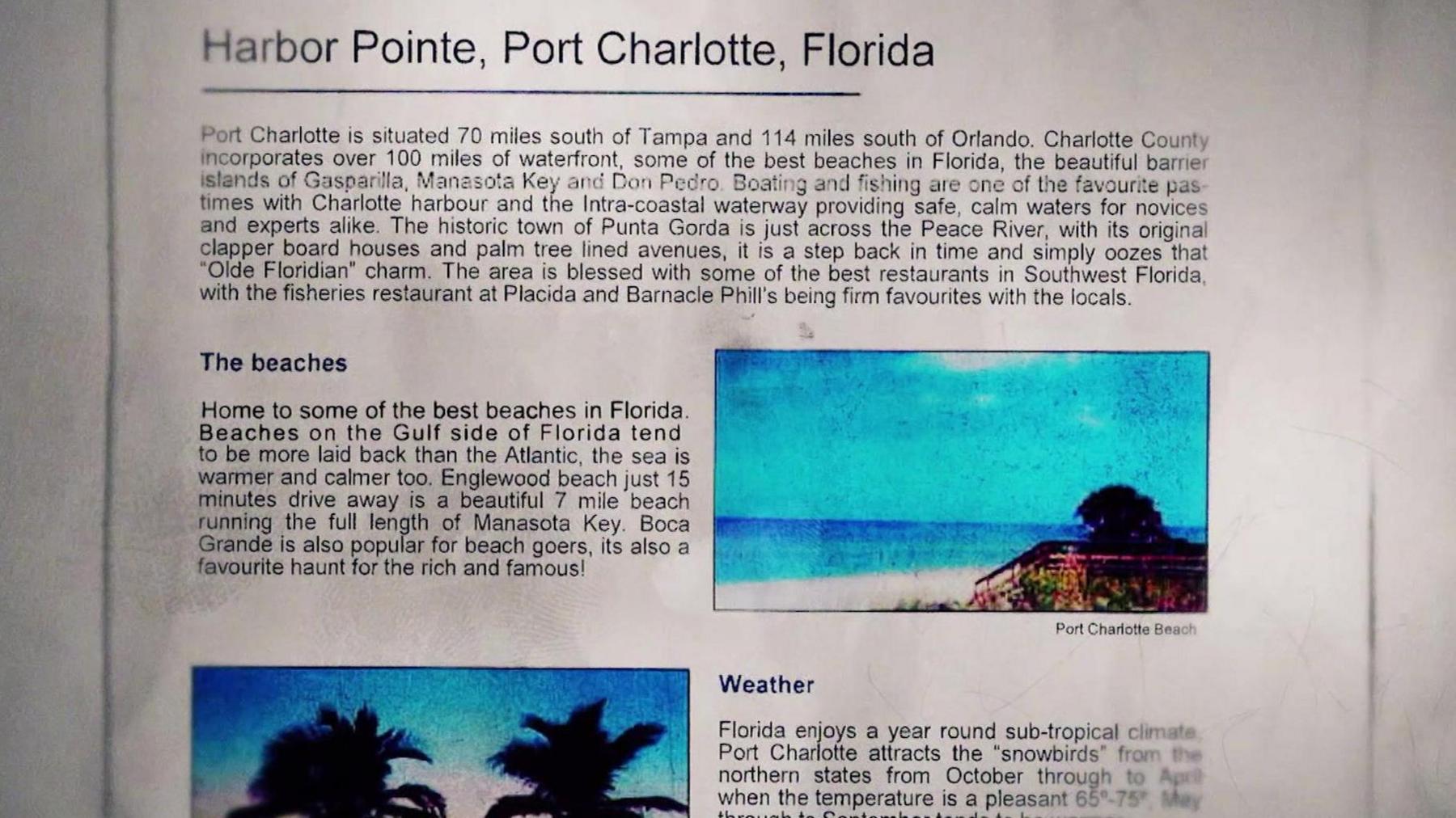 A screenshot of a brochure advertising 'Harbor Pointe, Port Charlotte, Florida', it says that the area is "home to some of the best beaches in Florida" and "enjoys a year round sub-tropical climate".