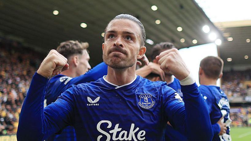 Everton midfielder Jack Grealish celebrates a goal against Wolves in the Premier League on 30 August