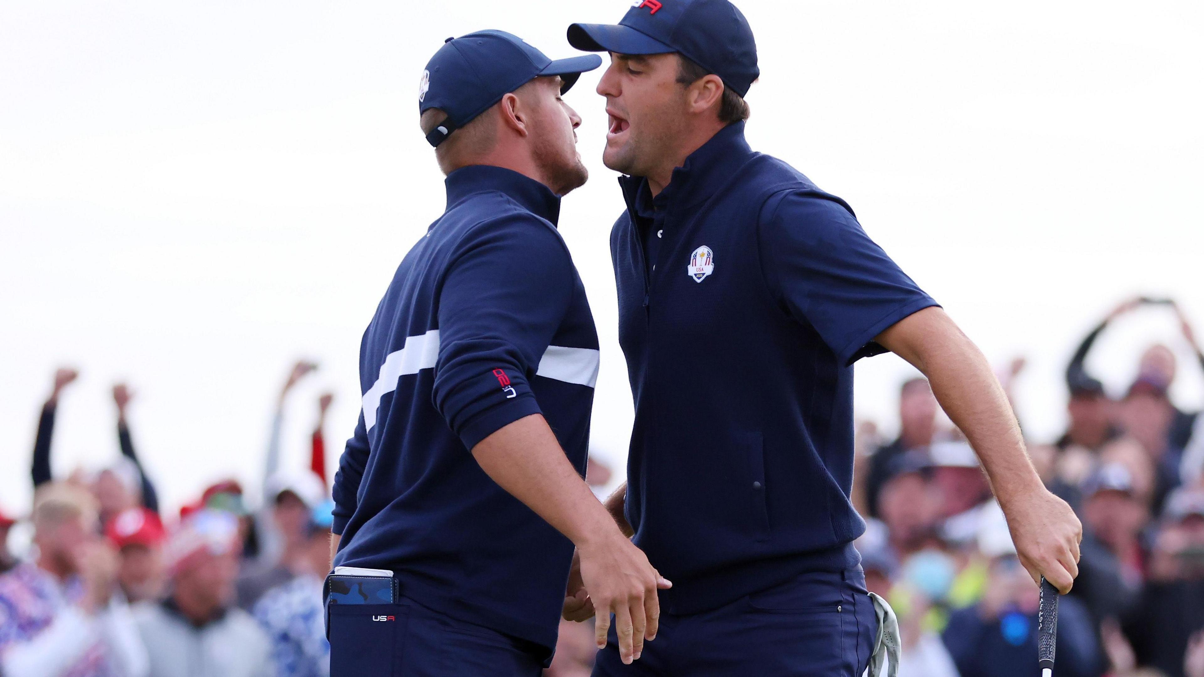 Bryson DeChambeau and Scottie Scheffler chest bump during their victory over Tommy Fleetwood and Viktor Hovland at Whistling Straits in 2021.
