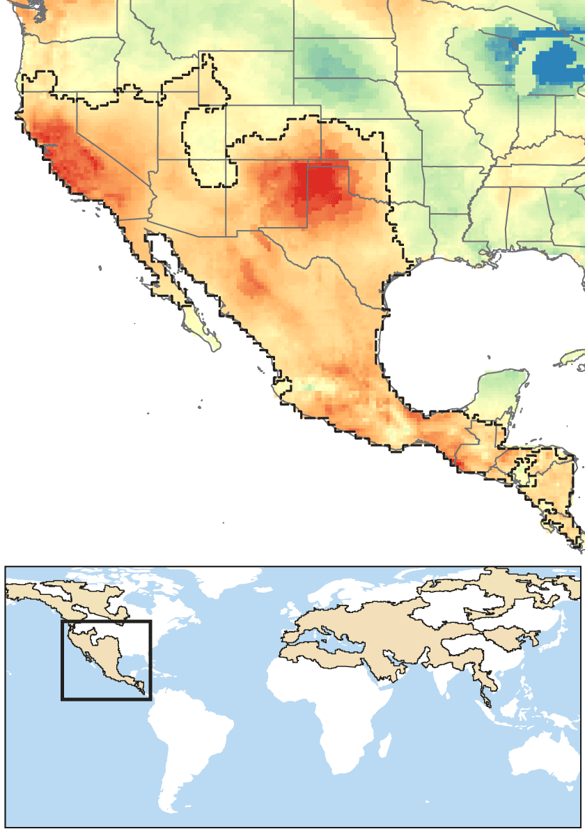 Map of the United States and Mexico shows much of the west has dried significantly since 2003.