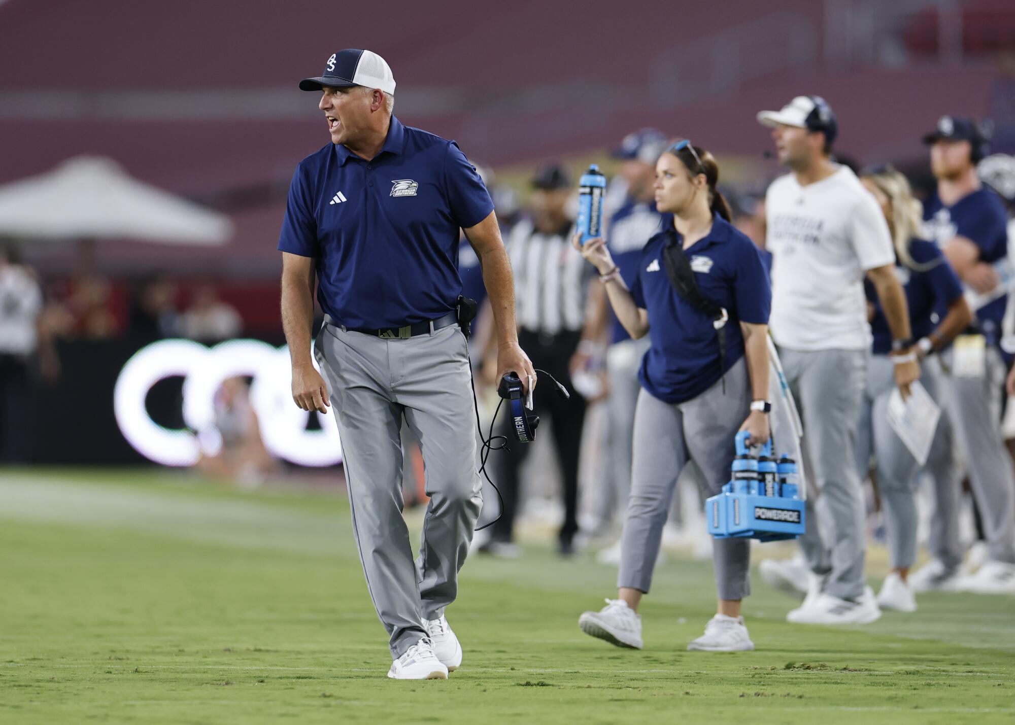 Georgia Southern coach Clay Helton reacts to a call in the third quarter Saturday in his return to the Coliseum.