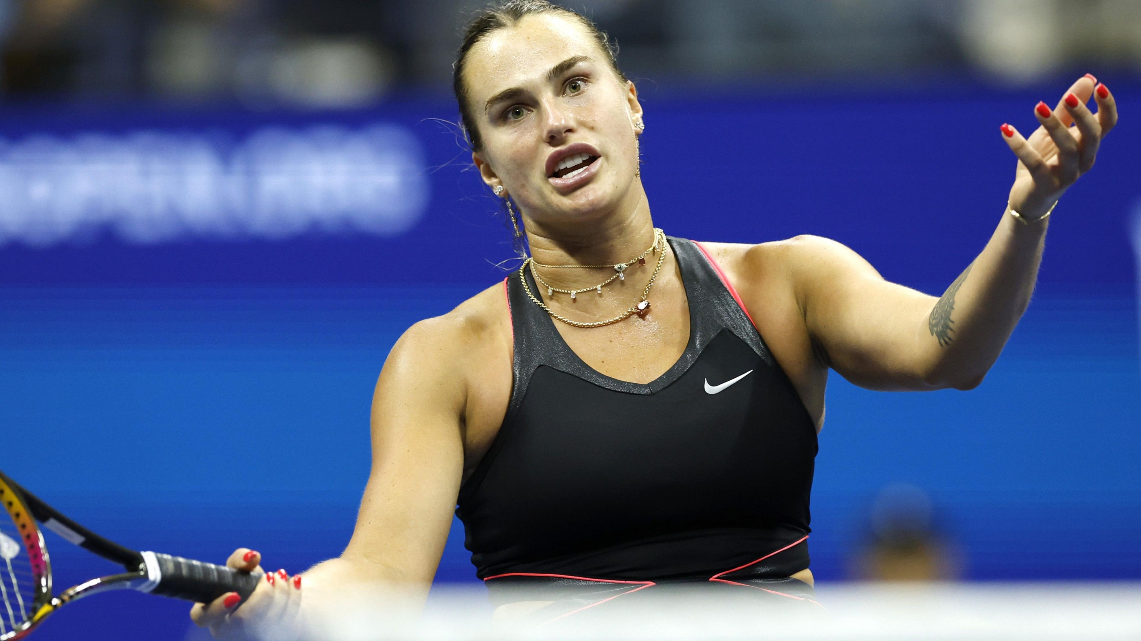 Aryna Sabalenka gestures during her semi-final win over Jessica Pegula