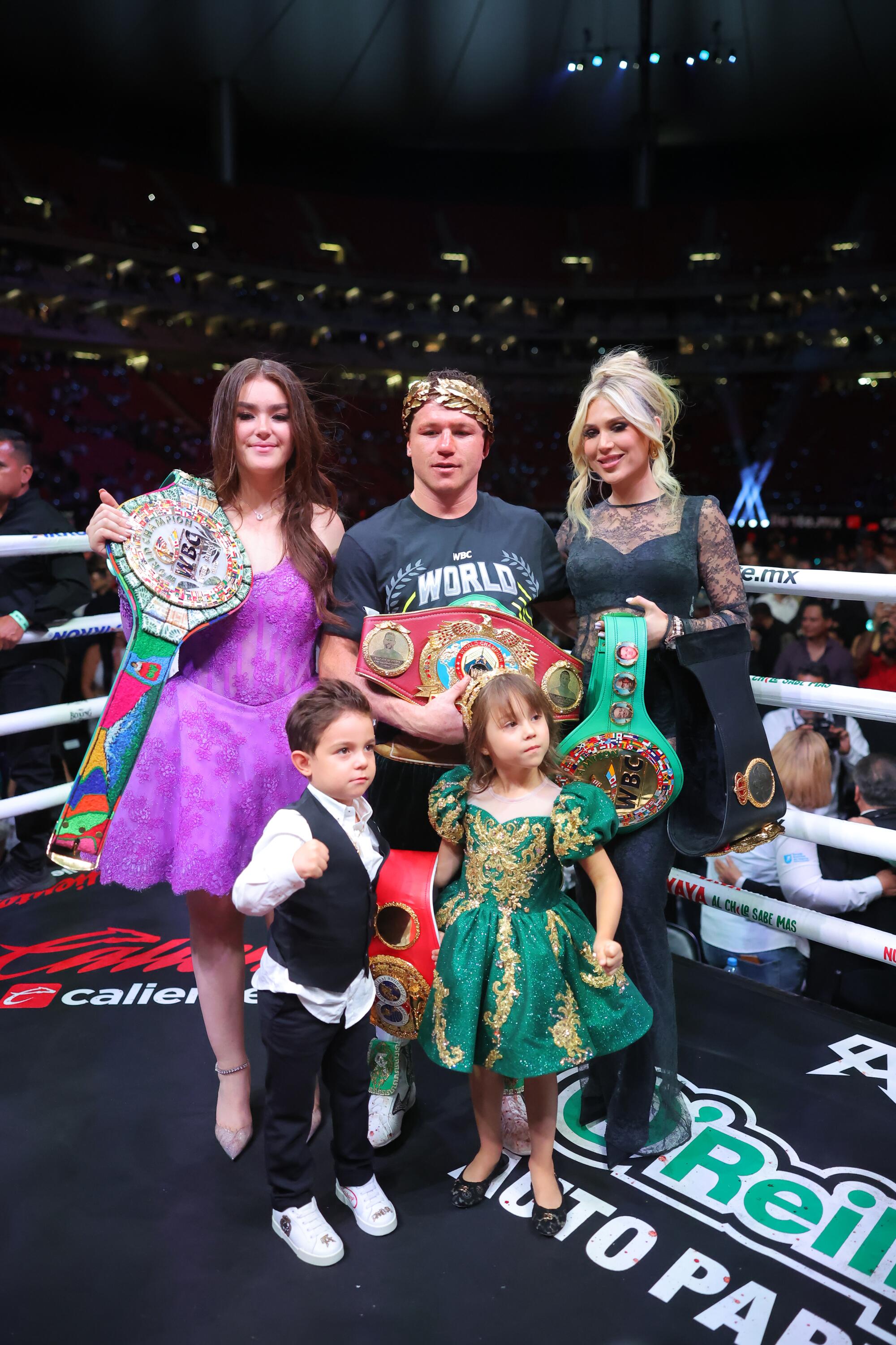  Canelo Alvarez celebrates with his family after defeating John Ryder at Akron Stadium in 2023 in Zapopan, Mexico. 