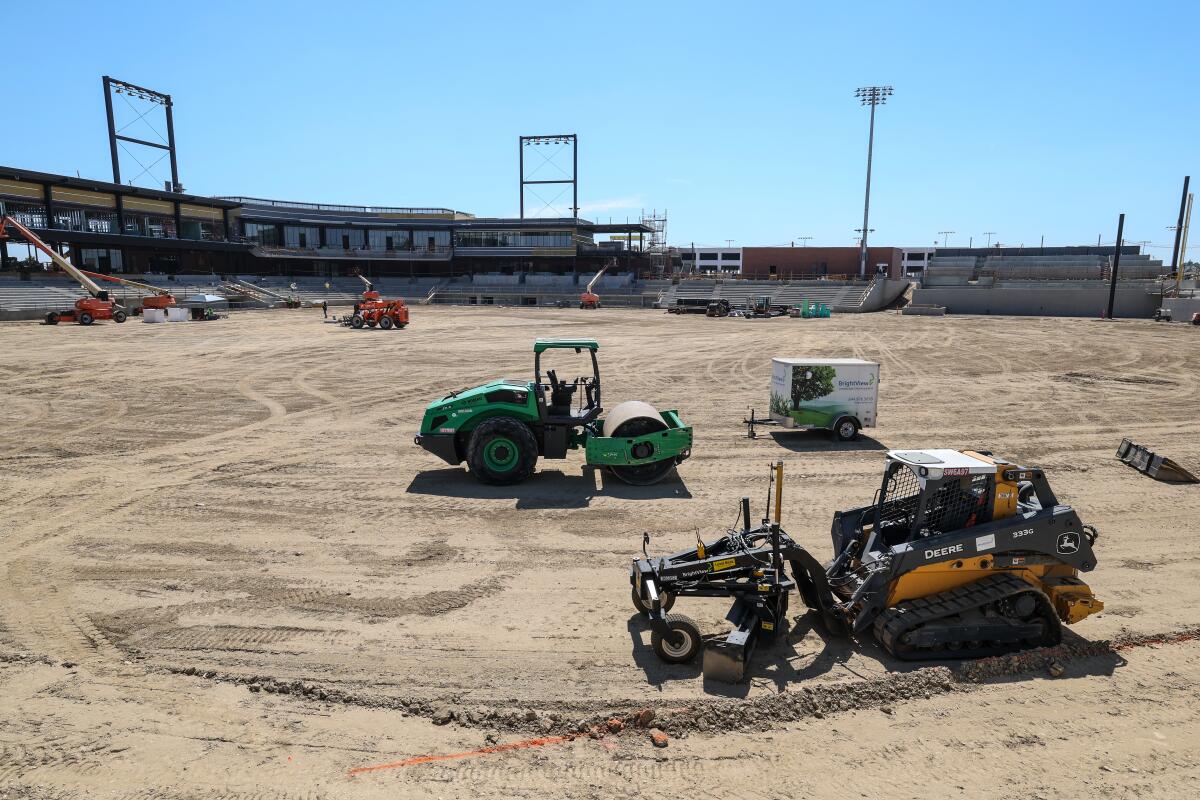 Crews work on the construction of ONT Field in Ontario last month. The team last week announced a naming rights deal with Ontario International Airport.