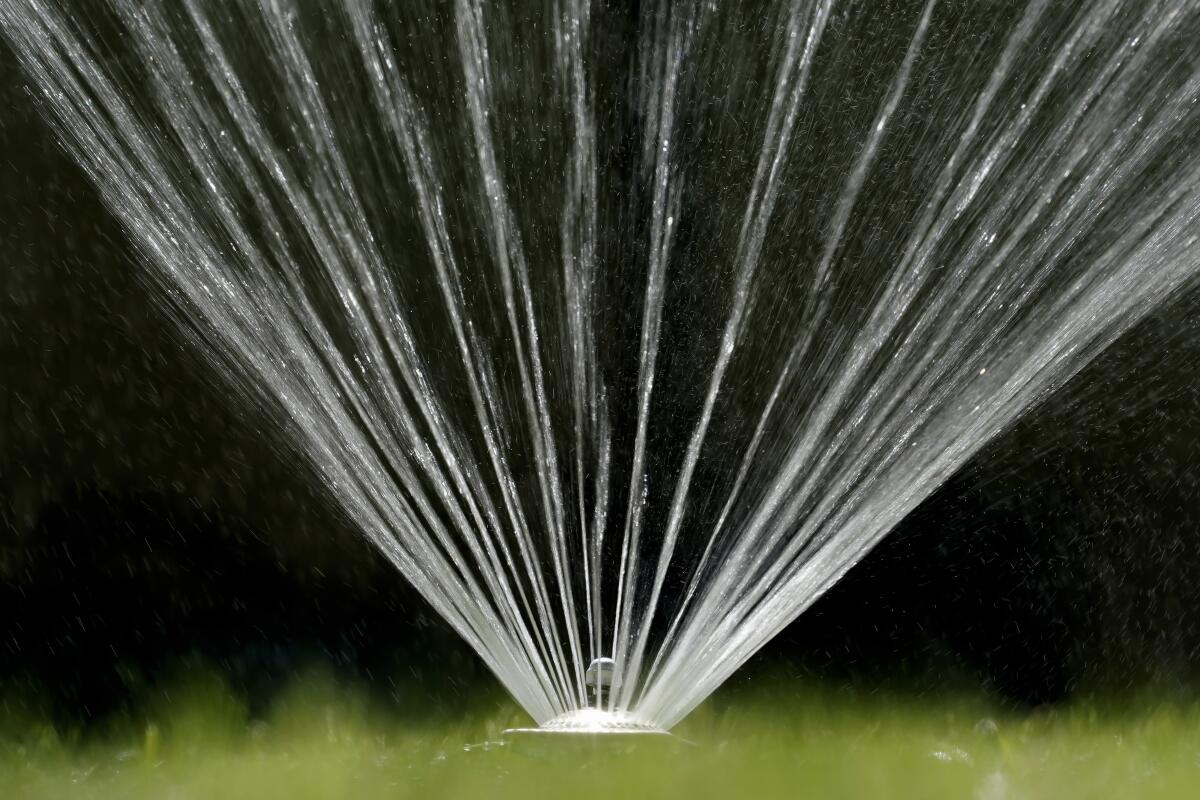 A sprinkler sends jets of water into the air.