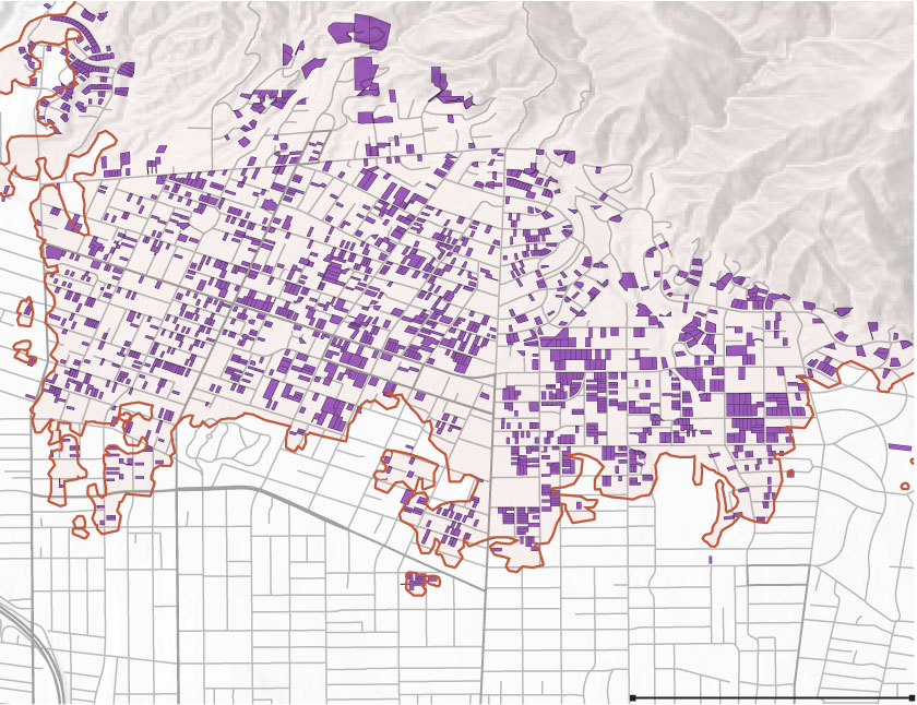 Map shows residential parcels burned by the Eaton fire where the EPA postponed removal of hazardous materials.