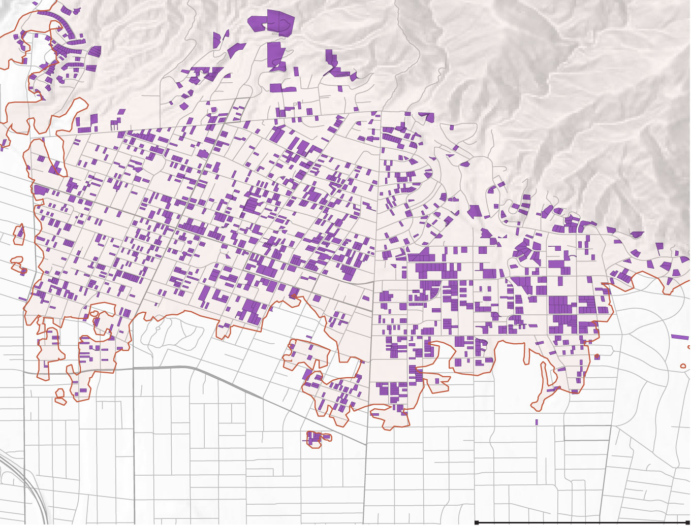 Map shows residential parcels burned by the Eaton fire where the EPA postponed removal of hazardous materials.