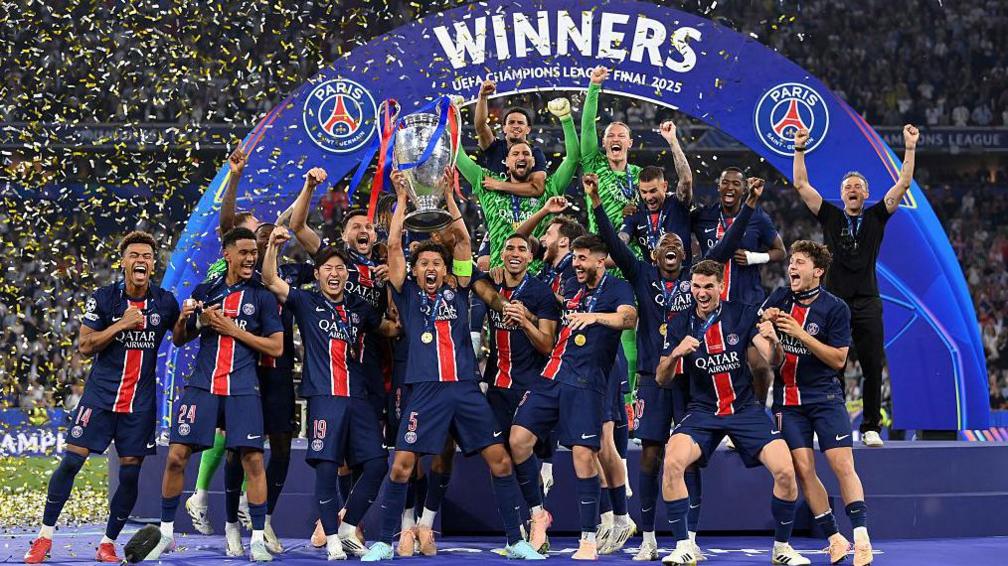 Paris St-Germain lift the Champions League trophy in 2024-25