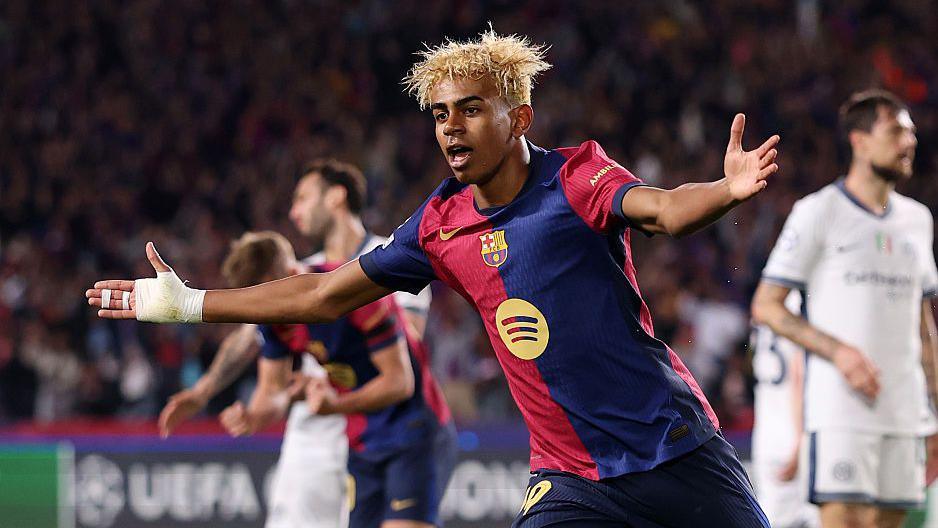 Barcelona winger Lamine Yamal celebrates scoring his side's first goal in the first leg of last season's Champions League semi-final against Inter.