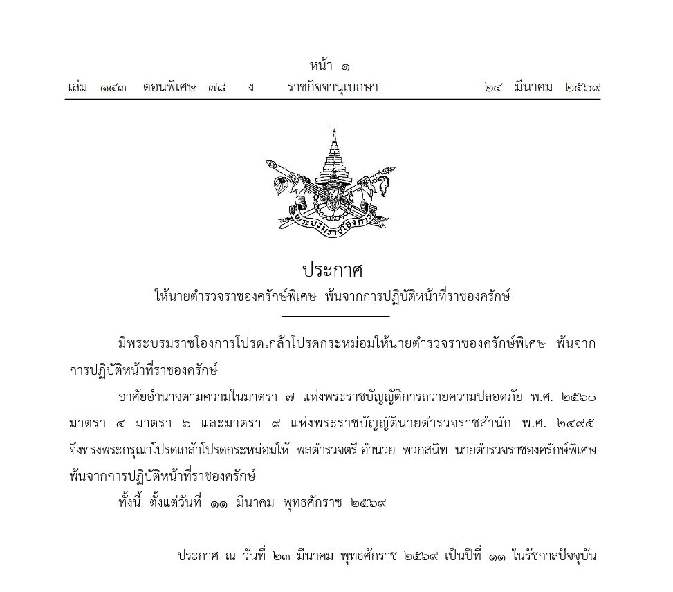 โปรดเกล้าฯ ให้ ‘พลตำรวจตรี’ ราชองครักษ์พิเศษ พ้นจากการปฏิบัติหน้าที่